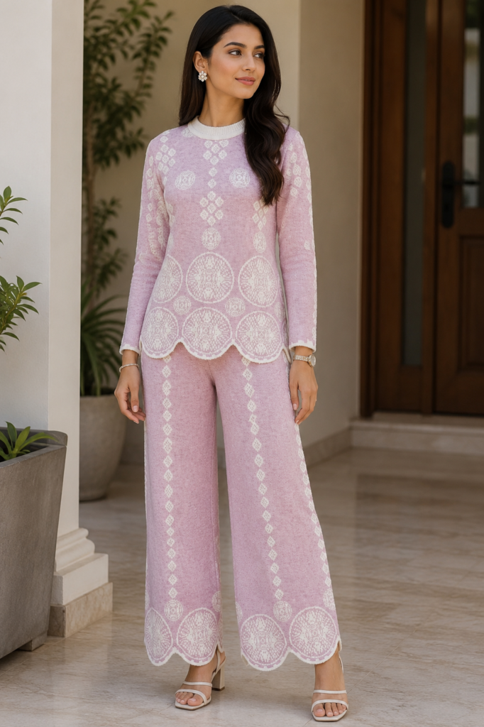 Pink knitted co-ord set for women with white floral patterns and wide-leg pants